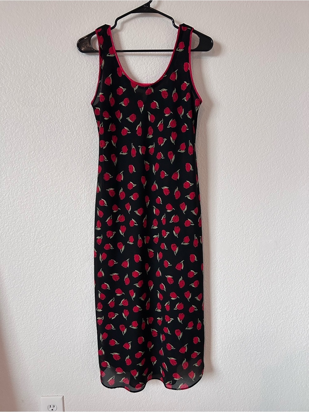 VTG 90s Natori Black Slip Dress Red Tulip Print Romantic Whimsy Goth